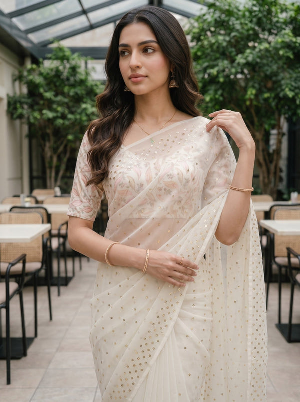 Organza Off-White Scattered Sequin Saree with Tassel Pallu