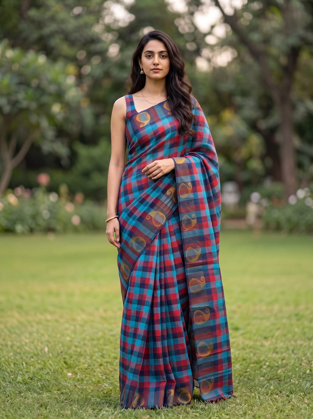 A woman wearing a blue and red plaid saree with gold motifs stands outdoors on a grassy lawn with trees in the background.