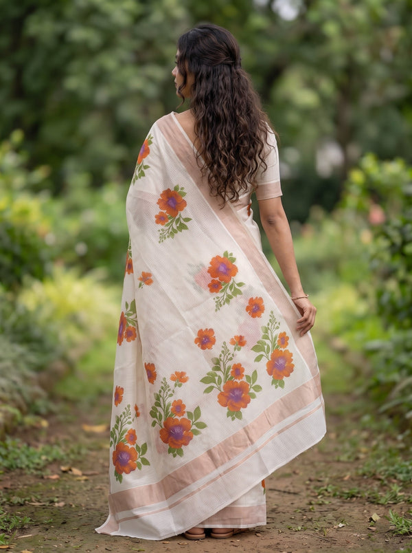 Cotton Cream Kerala Saree with Orange Floral Print Pallu and Copper Zari Border