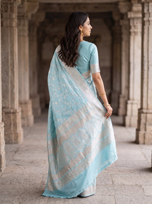 Banarasi Sky Blue Saree with Golden Zari Floral Vine Design and Brocade Pallu