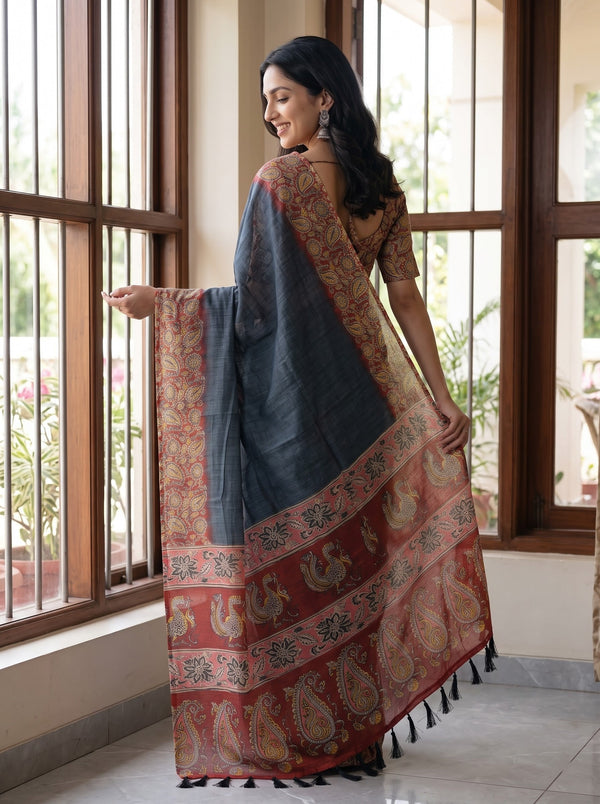 Cotton Charcoal Grey Saree with Paisley Printed Pallu and Peacock Motifs