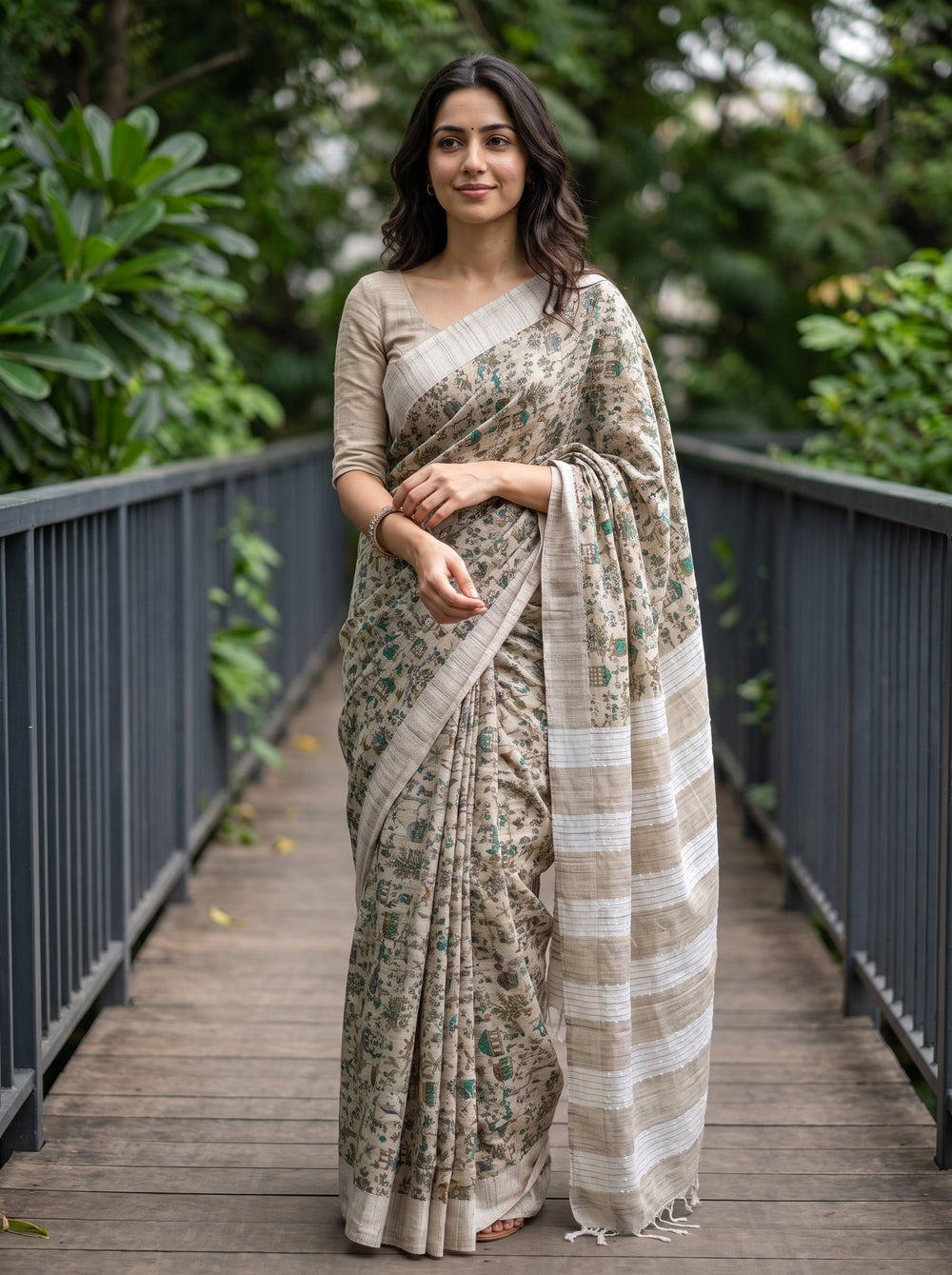 Chanderi Cotton Beige Tribal Scenic Beaded Print Saree with Striped Pallu