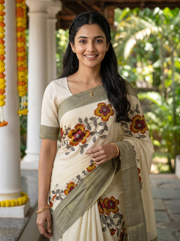 Tissue Cream Orange Floral Vine Print Onam Special Kerala Saree