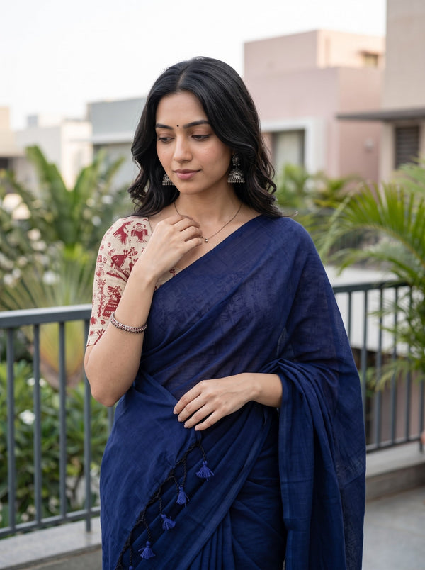 Cotton Navy Blue Saree with Solid Striated Weave and Matching Tassels