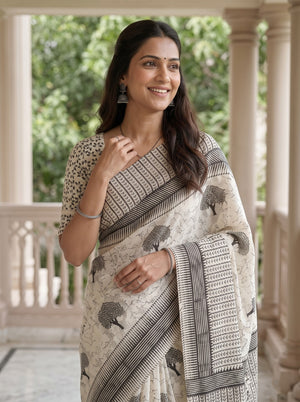Cotton White Saree with Black Bird and Floral Printed Pallu
