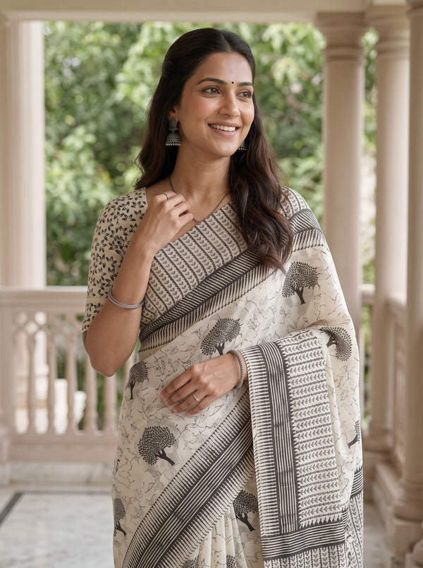 Cotton White Saree with Black Bird and Floral Printed Pallu