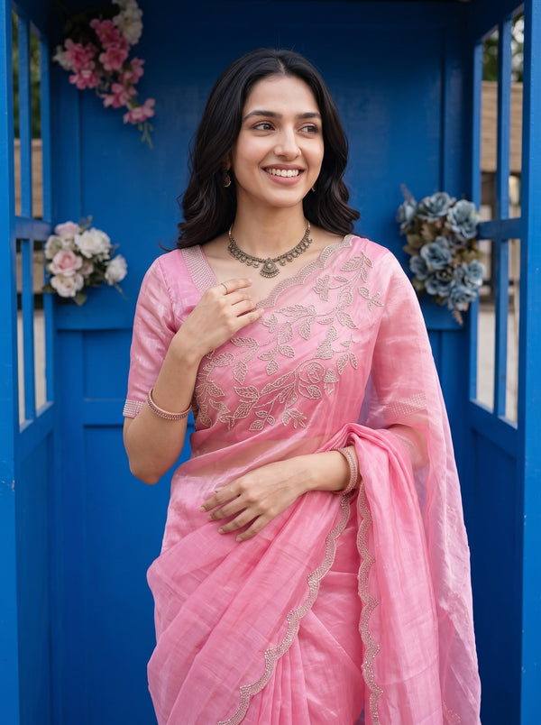 Organza Pink Scalloped Golden Beaded Border Saree