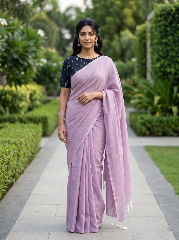 Cotton Mauve Pink Saree with White Tassels