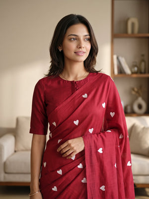 Mul Chanderi Red Saree with White Heart Print and Tassels
