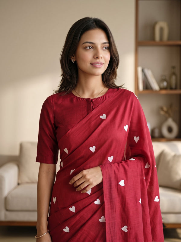 Mul Chanderi Red Saree with White Heart Print and Tassels