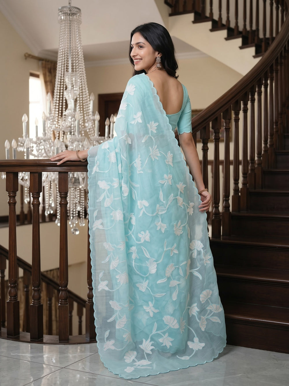 Organza Turquoise Saree White Lotus Applique Design