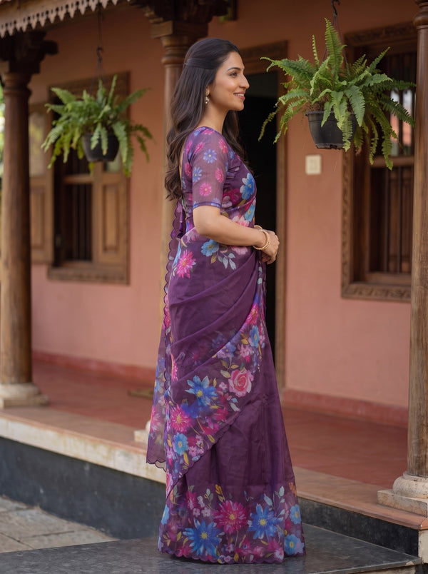 Organza Wine Multicolor Floral Print Saree with Scalloped Edge