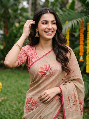 Tissue Beige Lotus Print Onam Kerala Saree with Scalloped Pink Border