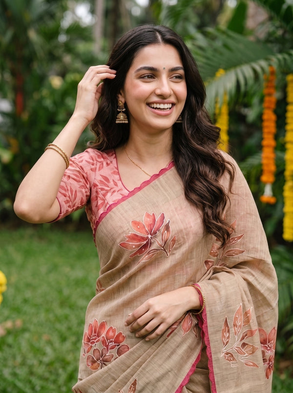 Tissue Beige Lotus Print Onam Kerala Saree with Scalloped Pink Border
