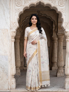 Semi Tussar Cream Saree with Floral Motifs and Golden Zari Border