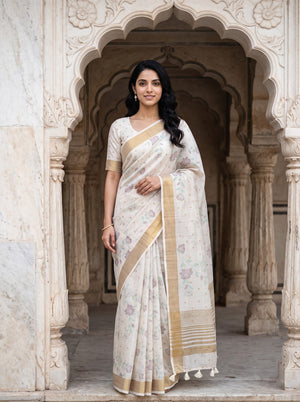 Semi Tussar Cream Saree with Floral Motifs and Golden Zari Border