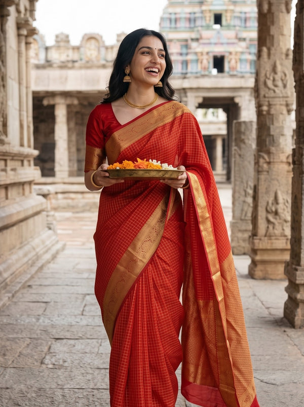 Pure Silk Red Saree with Golden Zari Checks and Rich Zari Border Pallu