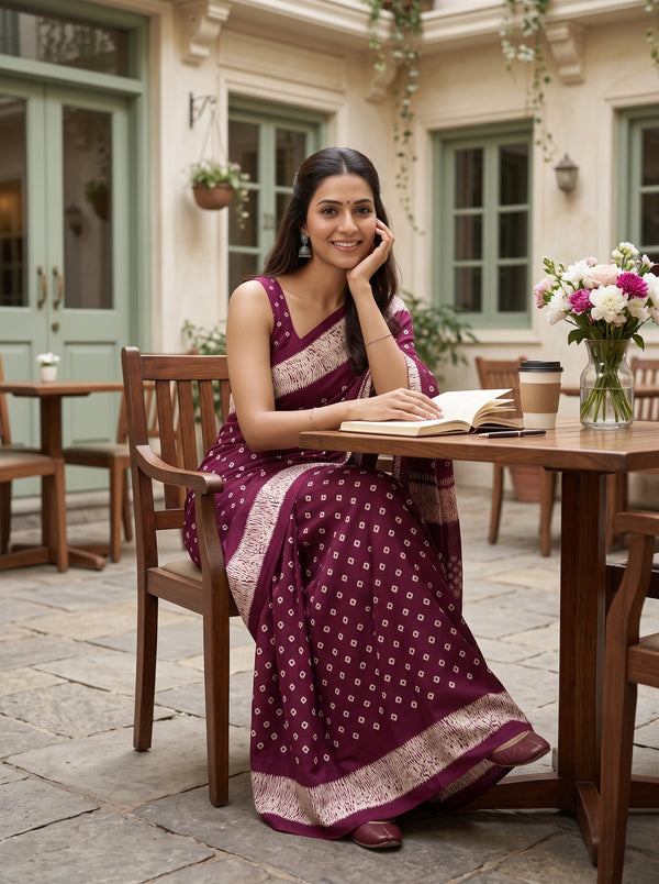 Synthetic Wine Purple Bandhani Print Saree with Diagonal Swirl Border