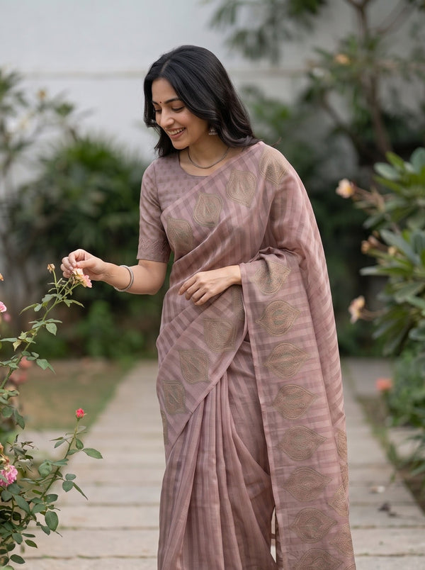 Tissue Saree in Brown with Intricate Paisley Woven Design
