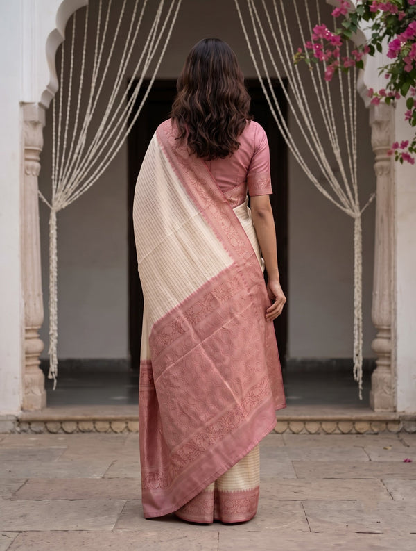 Banarasi Brocade Silk Saree in Cream with Rose Pink Floral Pallu