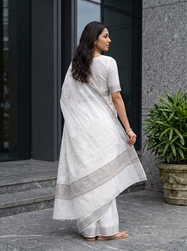 Cotton White Saree with Woven Floral Motifs and Beige Striped Pallu