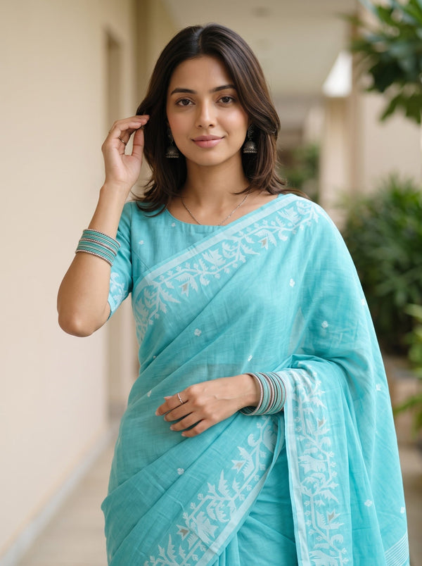 Cotton Teal Grey-Blue Dual-Tone Saree with White Floral Vine Border