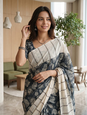 Cotton Cream and Blue Saree Pinstripe Body with Kathakali Dancer Print Pallu
