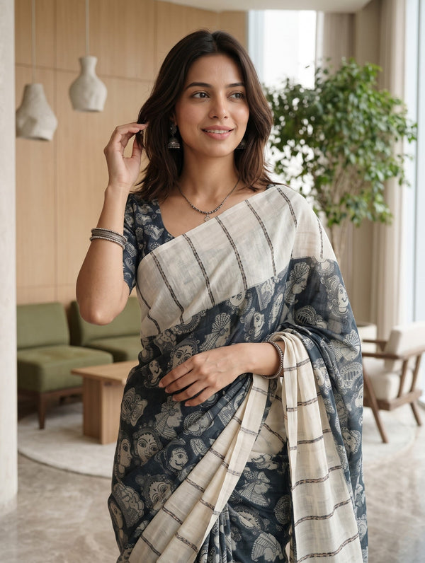 Cotton Cream and Blue Saree Pinstripe Body with Kathakali Dancer Print Pallu