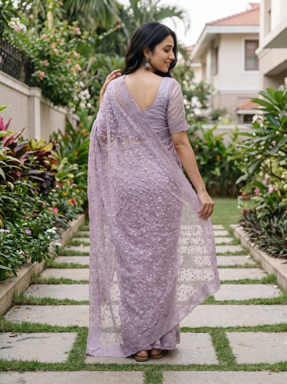 Net Kota Lilac Floral Lace Embroidery Saree