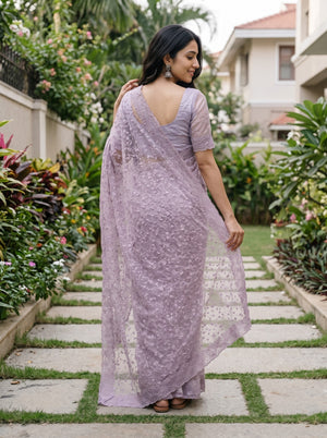 Net Kota Lilac Floral Lace Embroidery Saree