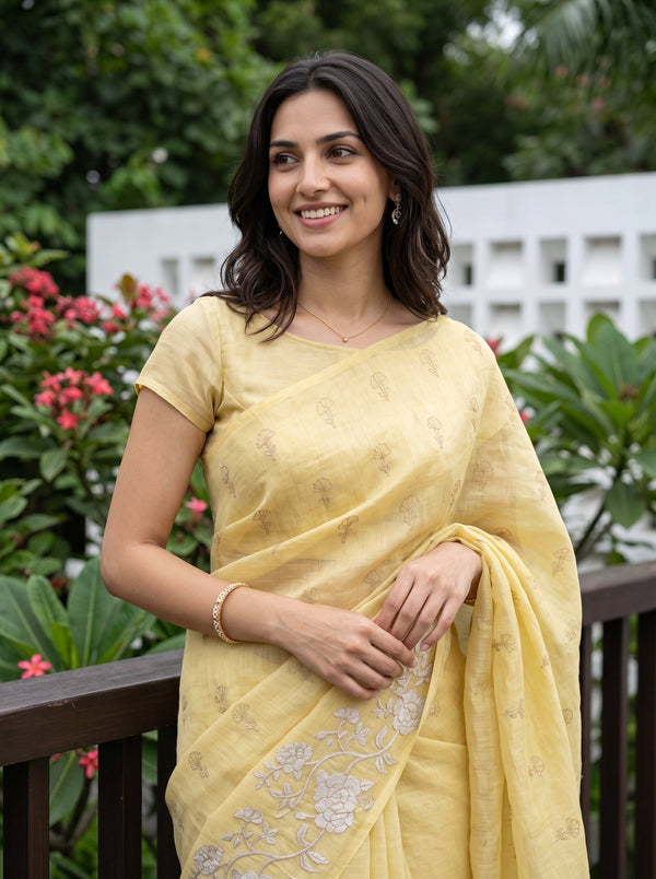 Linen Mustard Yellow Contrast Floral Vine Embroidered Saree with Tassels
