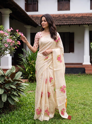 Tissue Cream Floral Print Onam Special Kerala Saree with Krishna Butter Pot Pallu