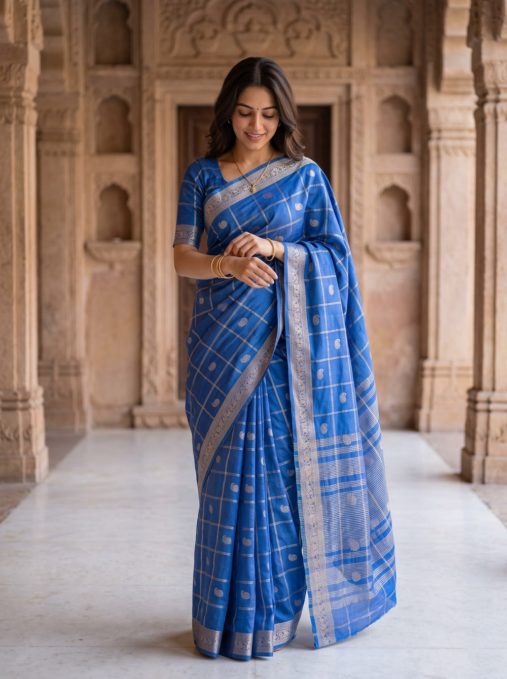 Semi Silk Blue Golden Paisley Border Saree