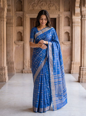 Semi Silk Blue Golden Paisley Border Saree