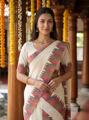 Cotton Cream Multicolor Temple Flame Border Onam Special Set Mundu