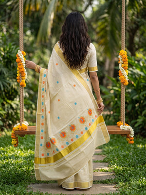 A woman wearing a cream-colored silk saree with yellow borders and orange and blue floral embroidery, standing on a wooden swing in a lush green garden.