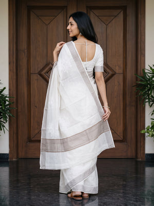 Cotton Off-White Self-Tone Floral Weave Saree with Beige Jacquard Border