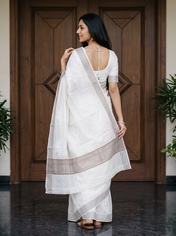 Cotton Off-White Self-Tone Floral Weave Saree with Beige Jacquard Border