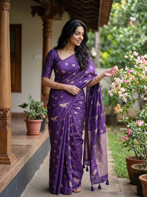 Cotton Silk Purple Saree with Golden Bird Motif Pallu