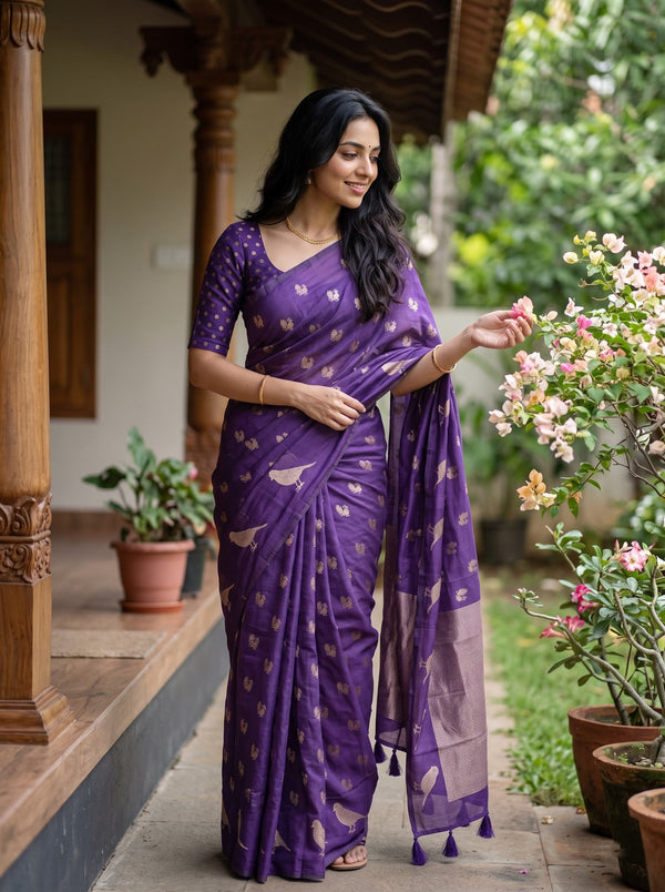 Cotton Silk Purple Saree with Golden Bird Motif Pallu