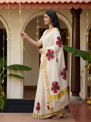 Cotton Cream Red Hibiscus Print Onam Special Kerala Saree