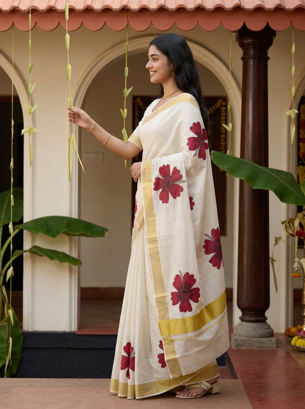 Cotton Cream Red Hibiscus Print Onam Special Kerala Saree