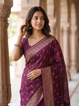 Banarasi Silk Plum Golden Zari Buti Motif Saree