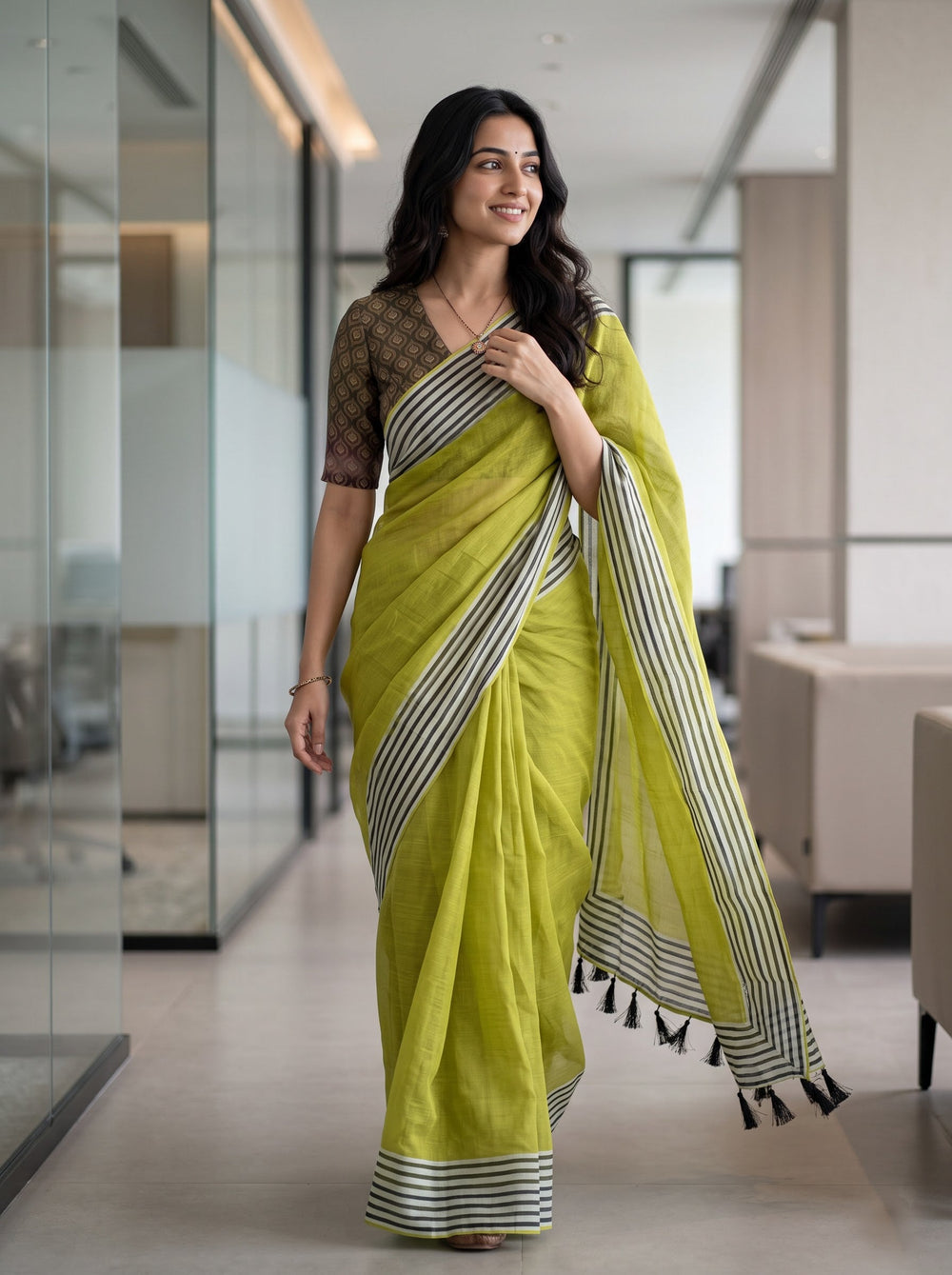 Cotton Saree in Lime Green with Contrasting Monochrome Pinstripe Trim