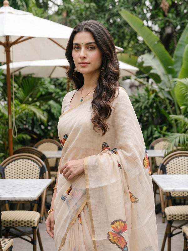 A woman wearing a light beige saree with butterfly prints, standing in an outdoor patio setting with tables and green foliage in the background.