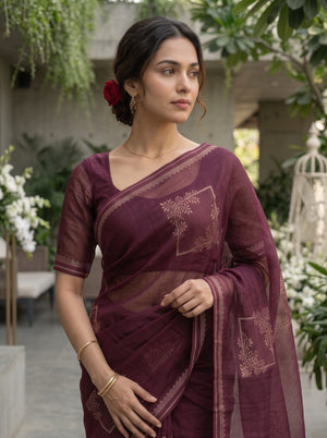 Organza Maroon Self-Tone Tree Motif Saree with Striped Pallu Border and Tassels