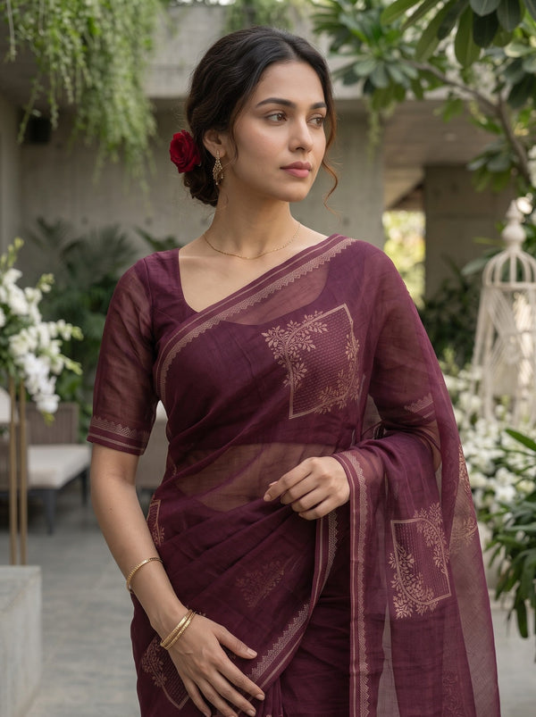 Organza Maroon Self-Tone Tree Motif Saree with Striped Pallu Border and Tassels
