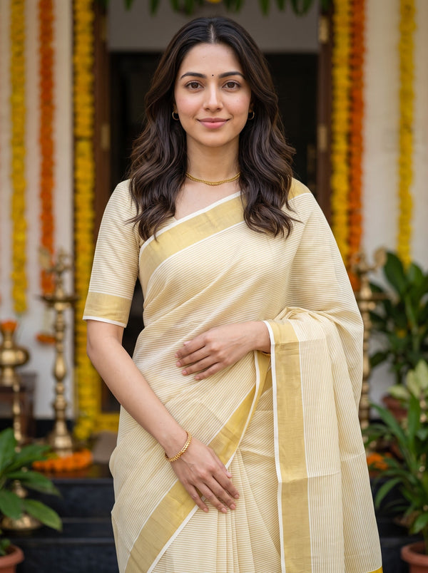 Cotton Cream White Striped Solid Golden Border Onam Kerala Saree