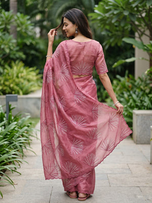 Tissue Dusty Rose Pink Zari Embroidered Fan Motif Saree