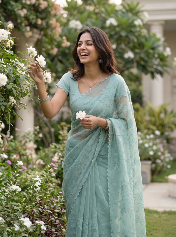 Net Kota Saree in Aqua Green with All-Over Floral Embroidery and Scalloped Border